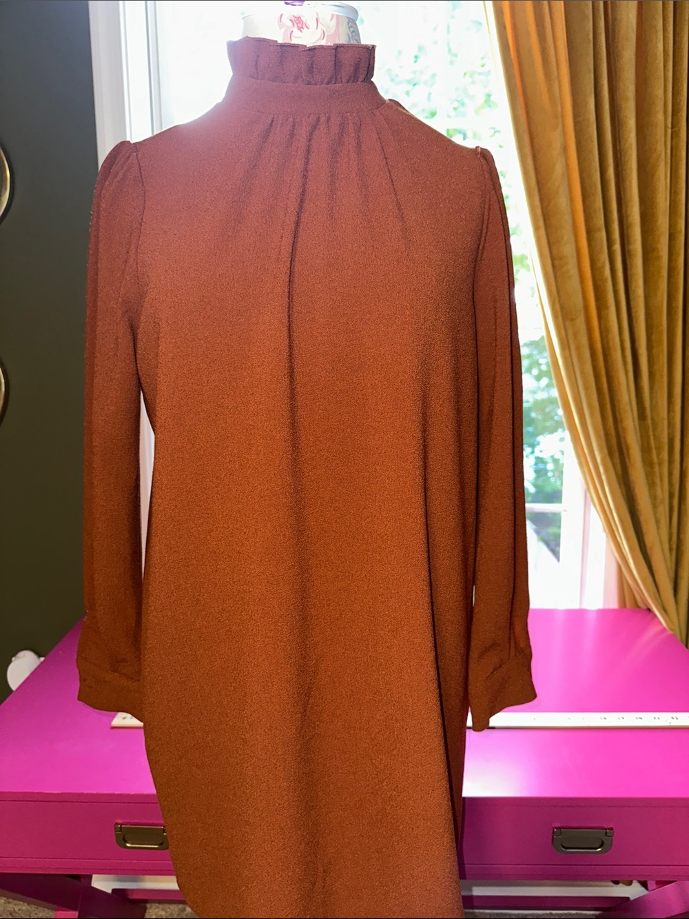 ASOS Rust Long Sleeve High-Neck Ruffle Dress - Picture 2 of 6
